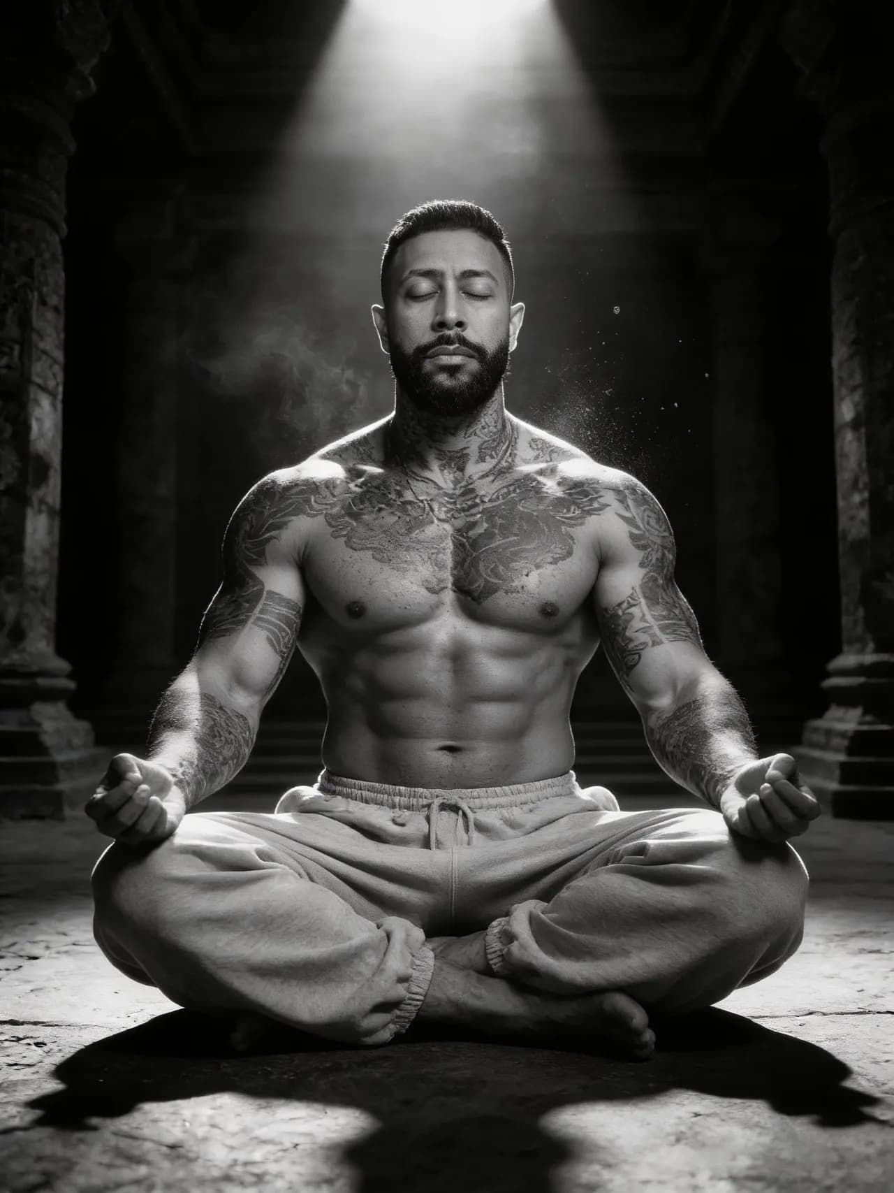 Cinematic Monochrome Temple Portrait — Meditative Masculine Figure