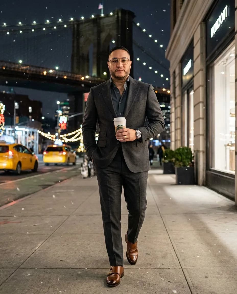 Cinematic Urban Portrait of Elegant Man in Festive Manhattan Night