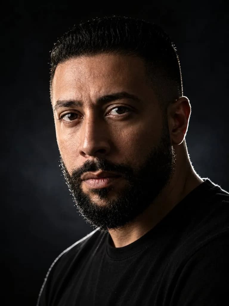 Cinematic Three-Quarter Editorial Portrait with Dramatic Side Lighting