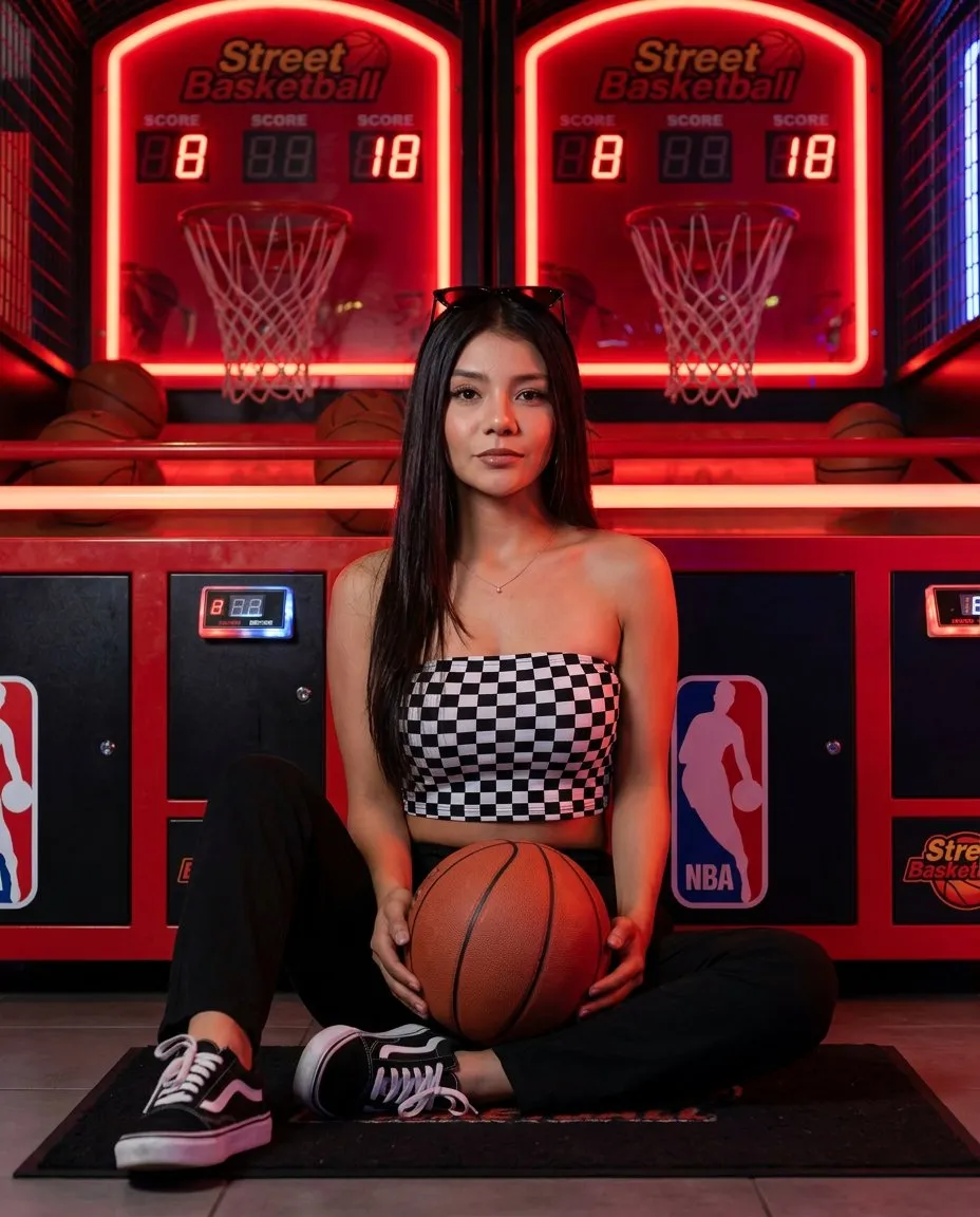 Vertical Arcade Basketball Portrait with Neon Red Cinematic Lighting