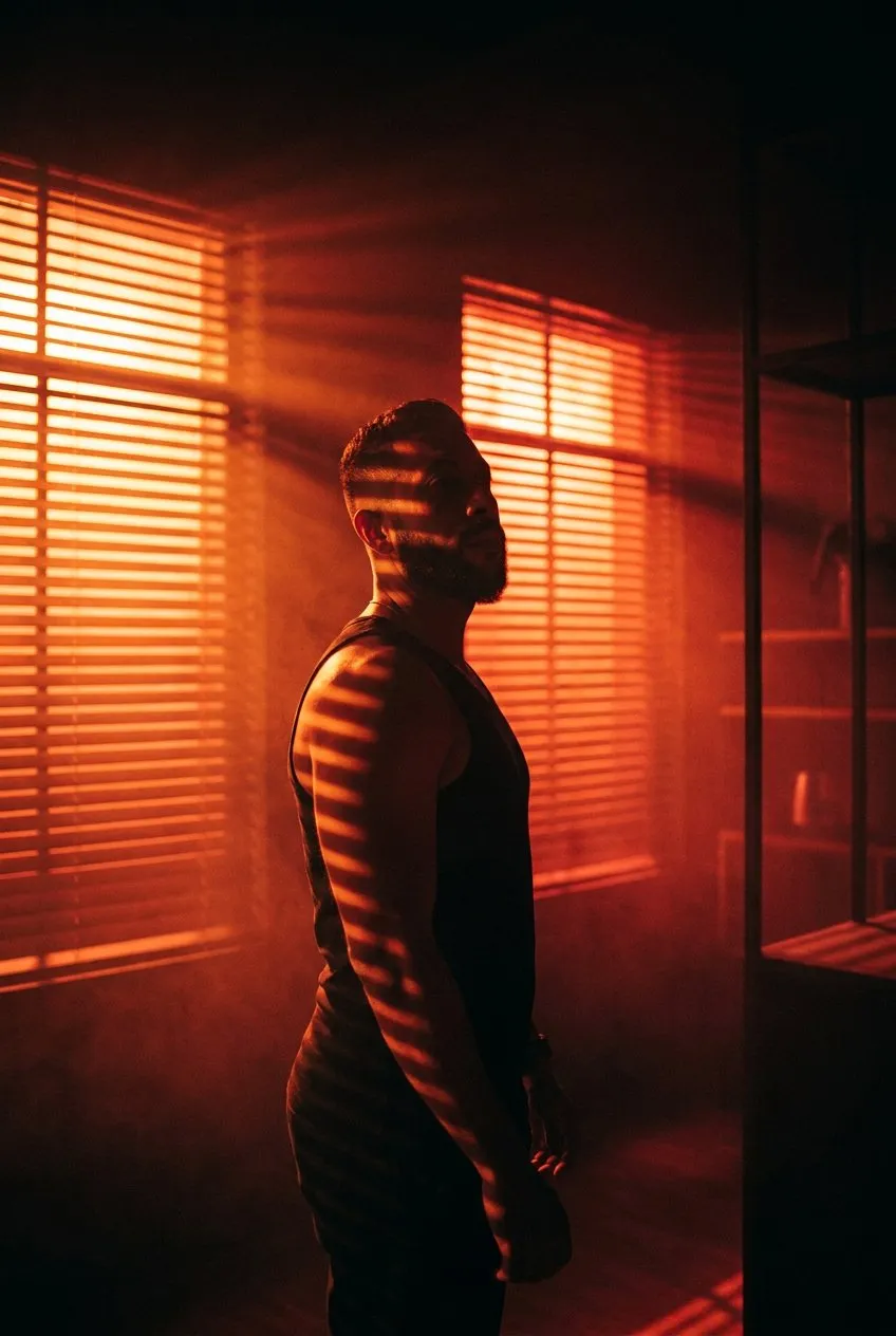 Cinematic Neon-Noir Portrait with Intense Red-Orange Lighting