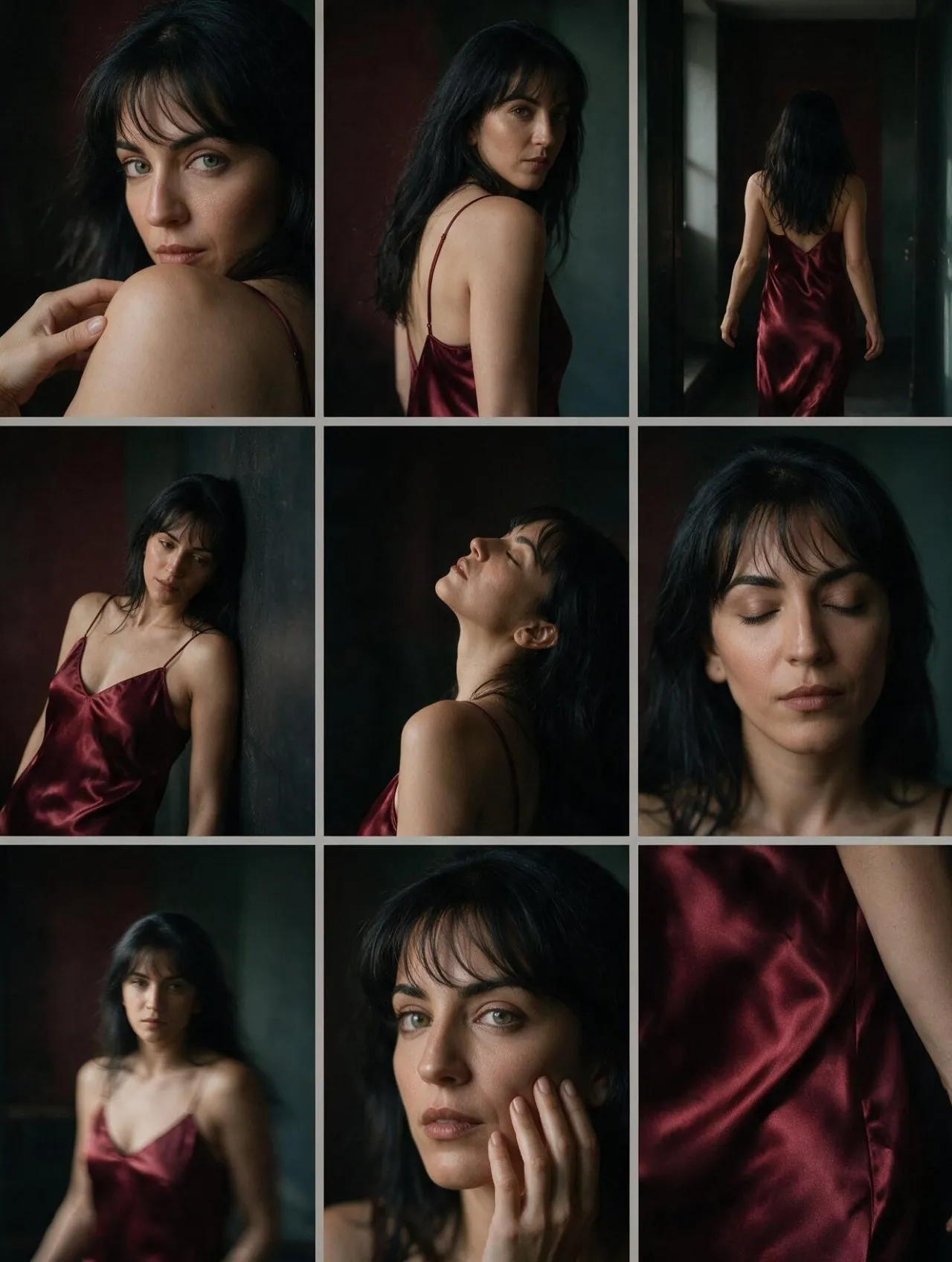 Cinematic Intimate Fashion Contact Sheet — Red Silk Slip Dress