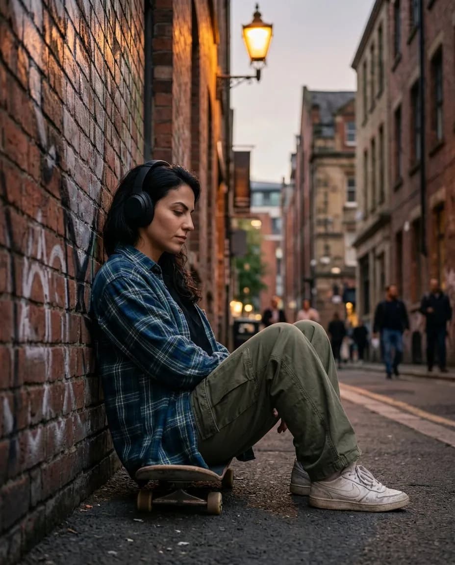 Cinematic Urban Street Portrait at Dusk, Photorealistic