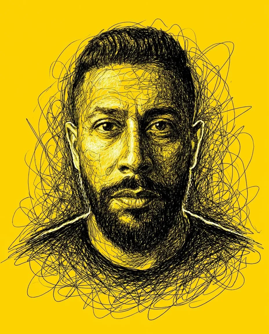 High-Contrast Scribble Line Portrait on Solid Yellow Background