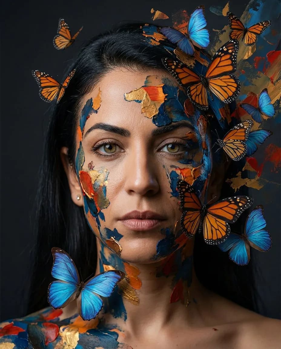 Surreal Fine-Art Cinematic Portrait with Mixed-Media Butterflies