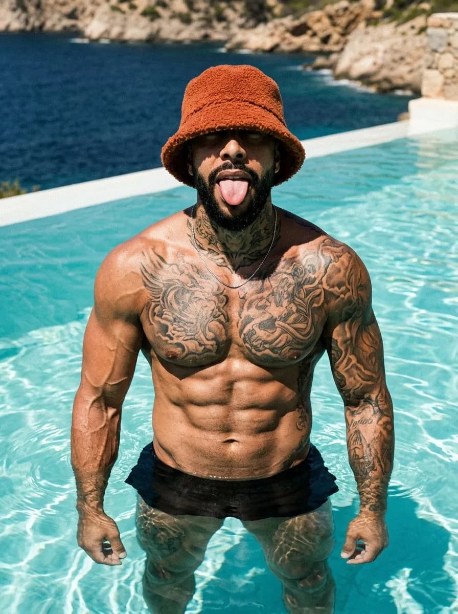 Luxury Mediterranean Pool Portrait, Editorial Vacation Aesthetic