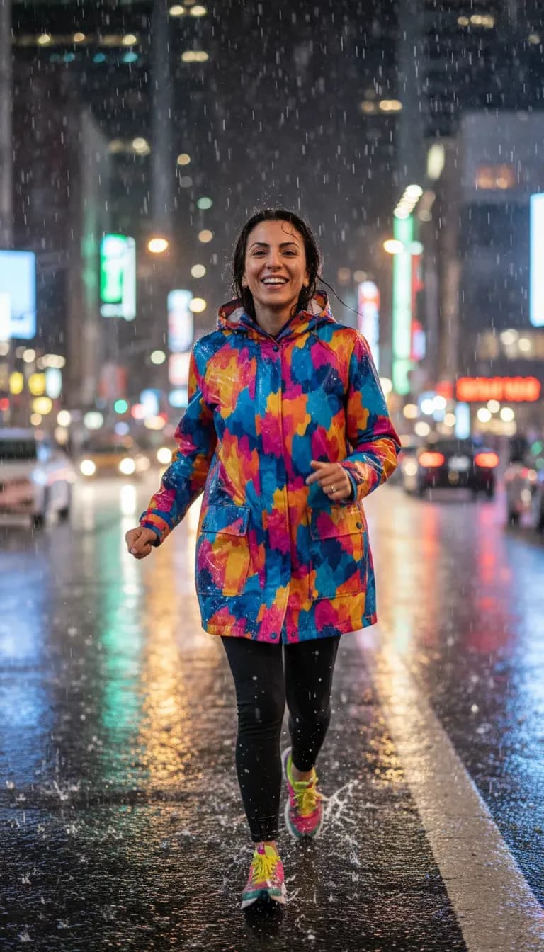 Cinematic Rainy Night Portrait of Joyful Woman Running 9:16