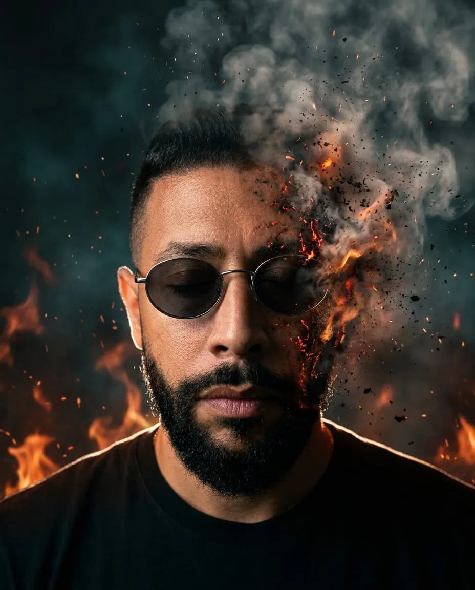 Surreal Cinematic Burning Portrait with Volumetric Smoke