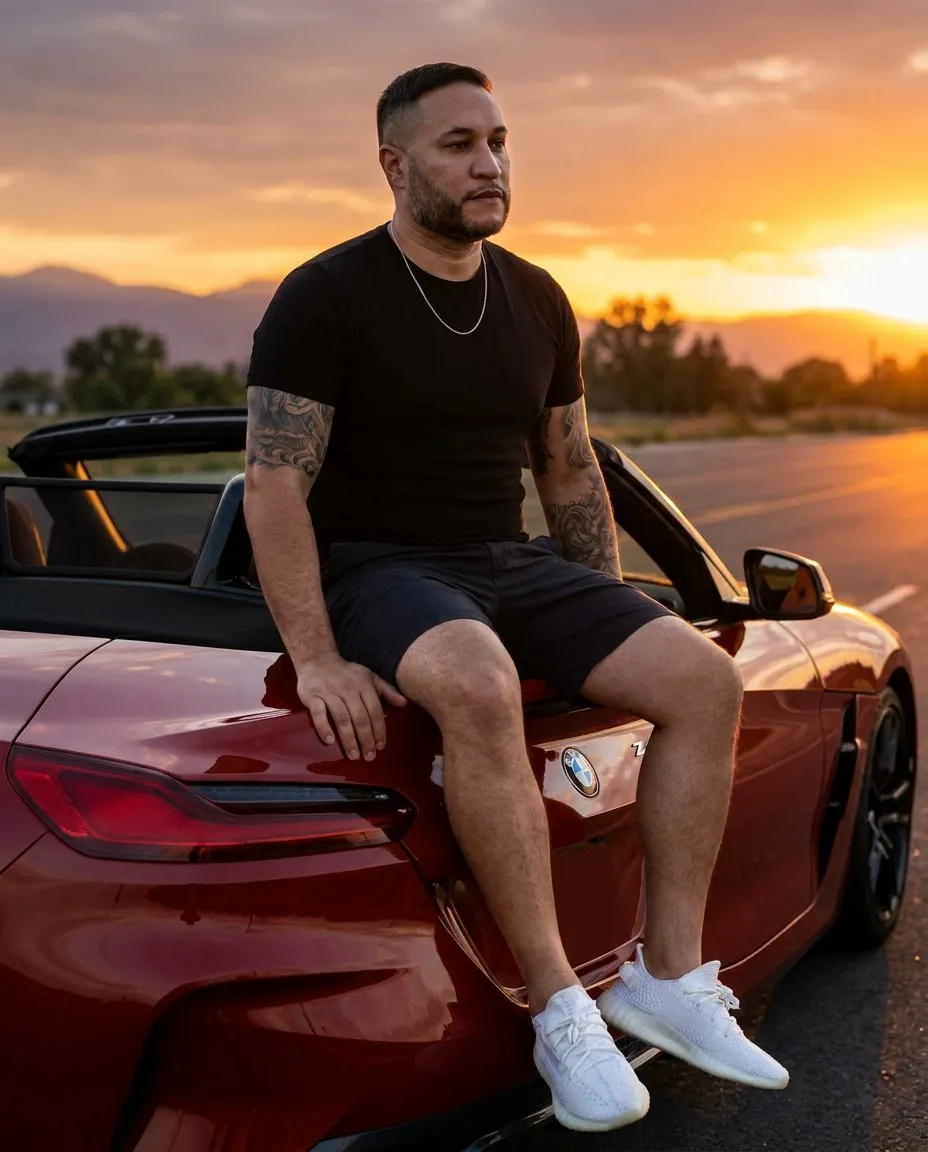 Ultra-Realistic Golden-Hour Cinematic Portrait of Model with Convertible