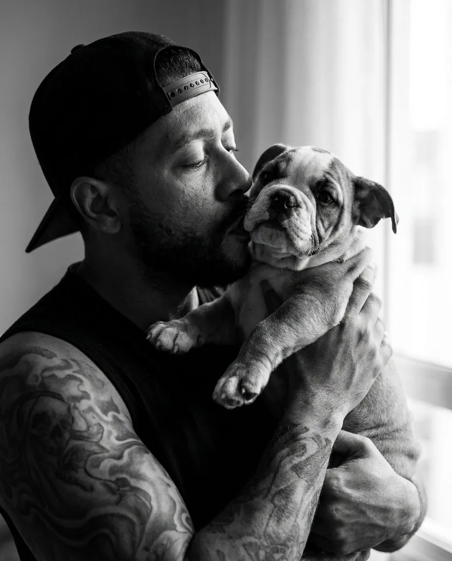 Intimate Monochrome Lifestyle Portrait of Man with Pet, Cinematic