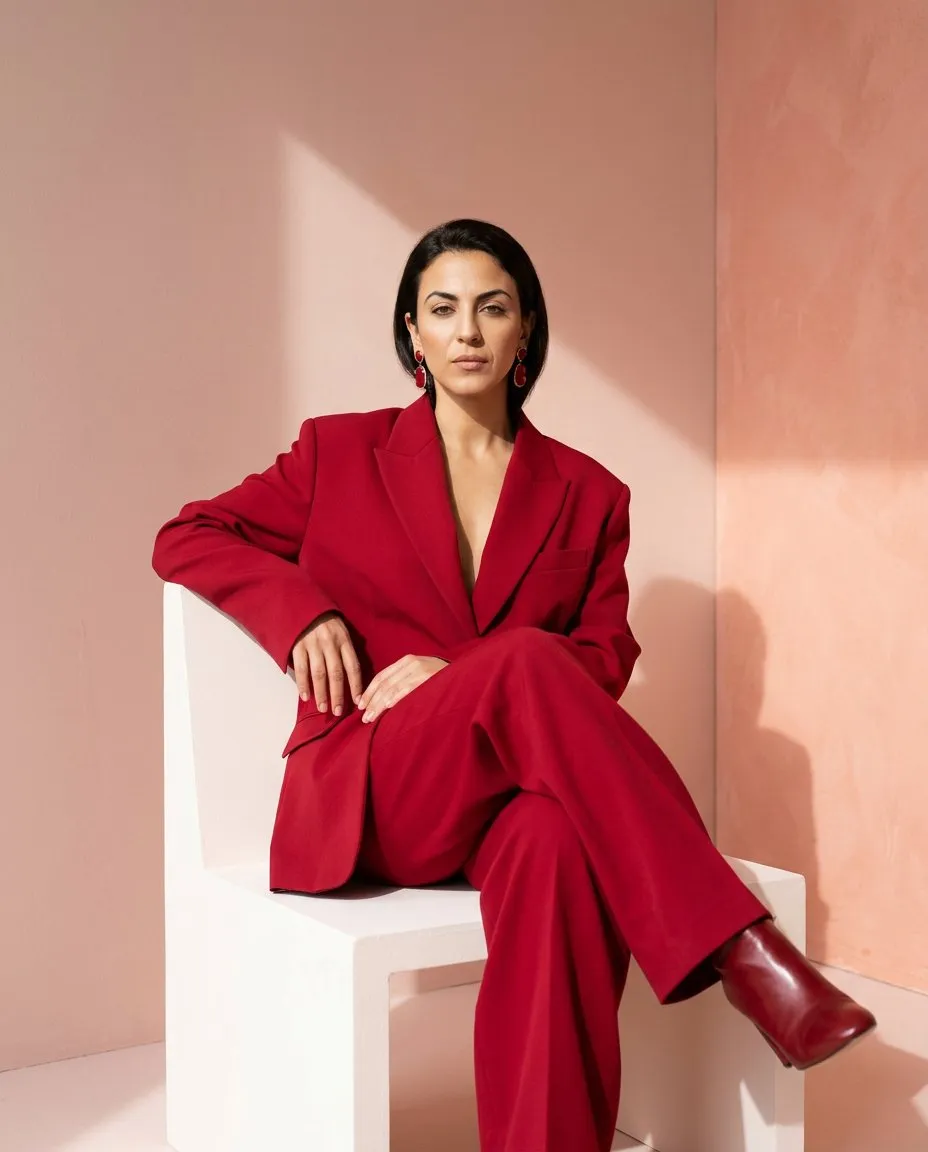 Editorial Fashion Portrait in Minimal Studio with Crimson Suit