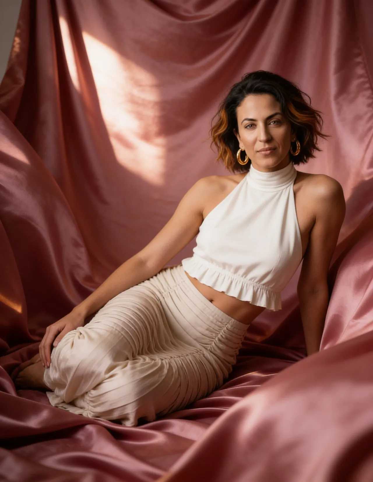 Reclining Satin Portrait in Dusty Rose, Elegant Editorial