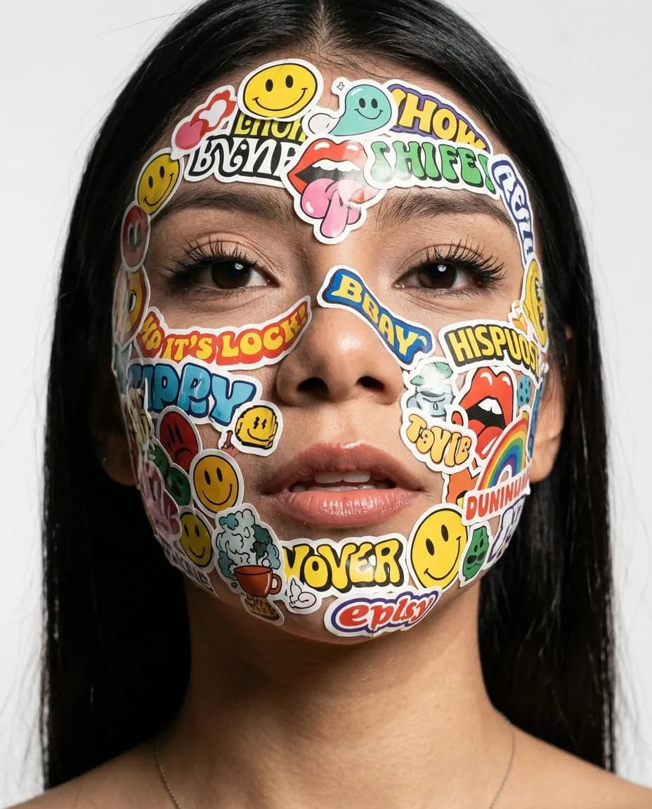 Editorial Beauty Portrait with Layered Sticker Collage, Photoreal