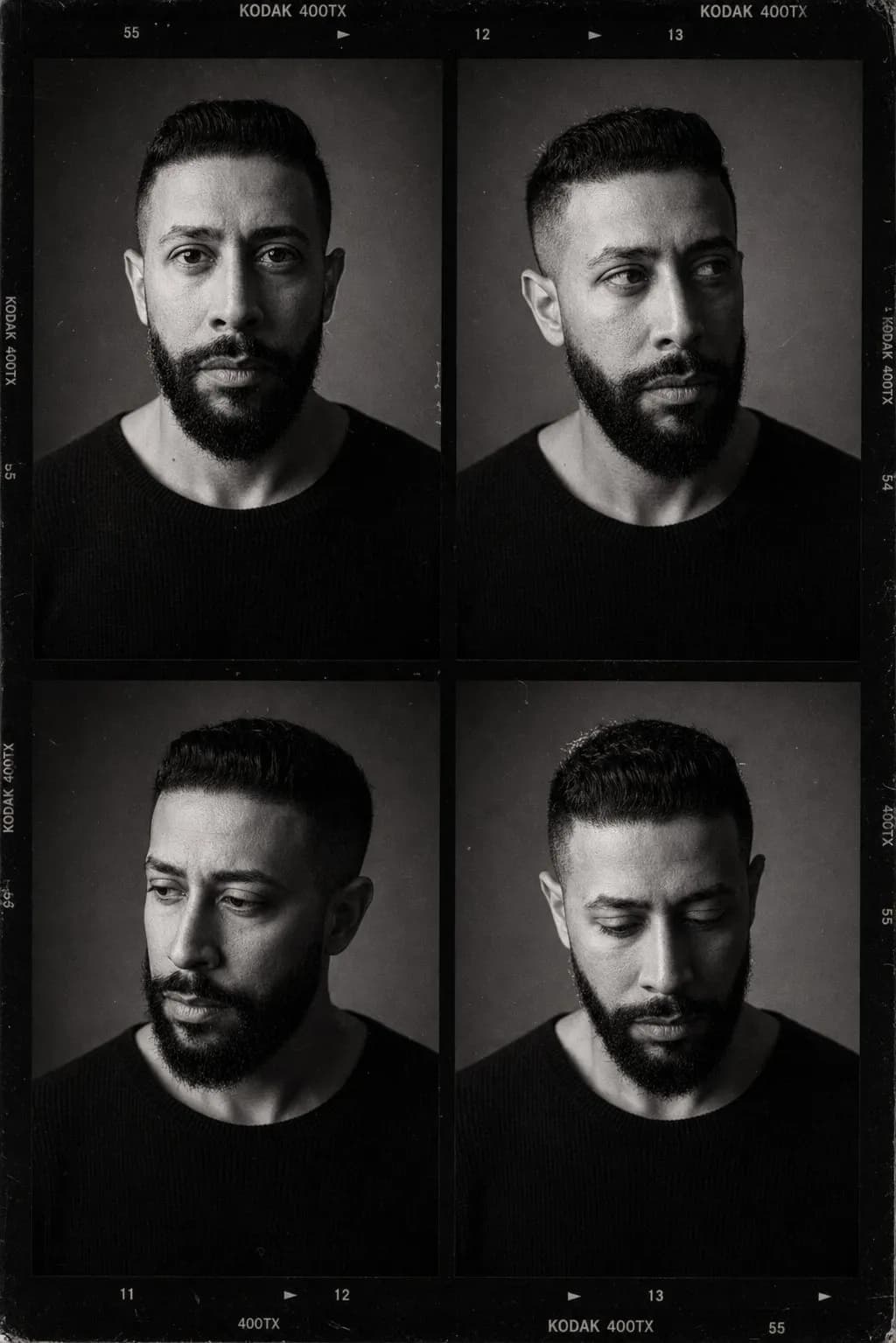 Cinematic 64K Black-and-White Film Contact Sheet Portrait