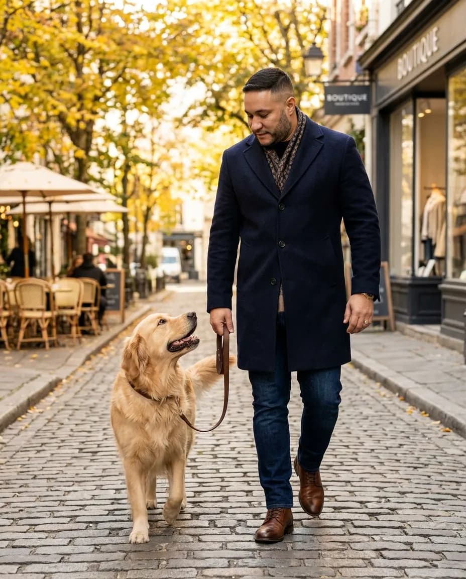 Lifestyle Urban Autumn Portrait of Person Walking Dog, 35mm Photoreal