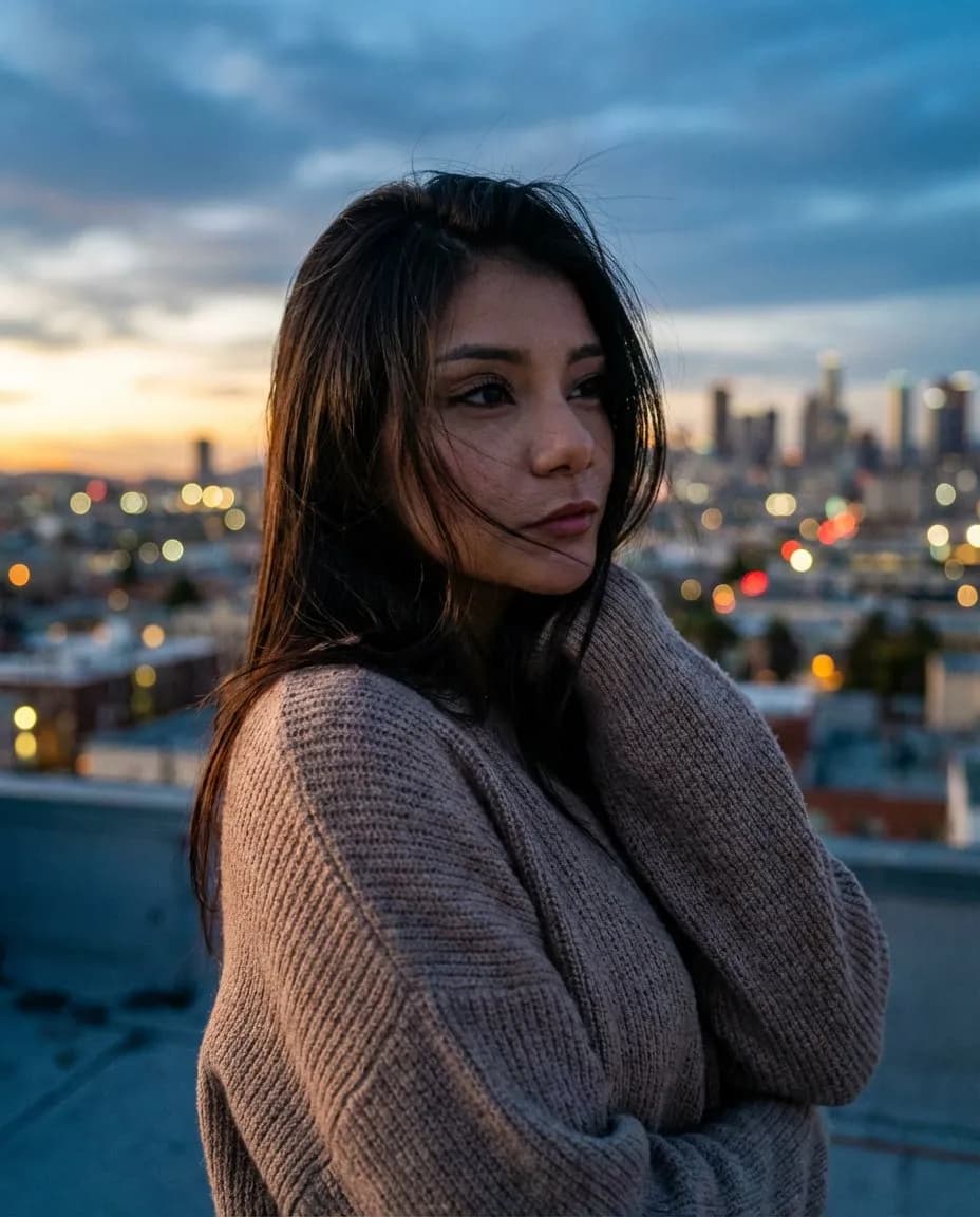Moody Rooftop Cinematic Portrait with Golden-Hour Lighting - Imagem 1