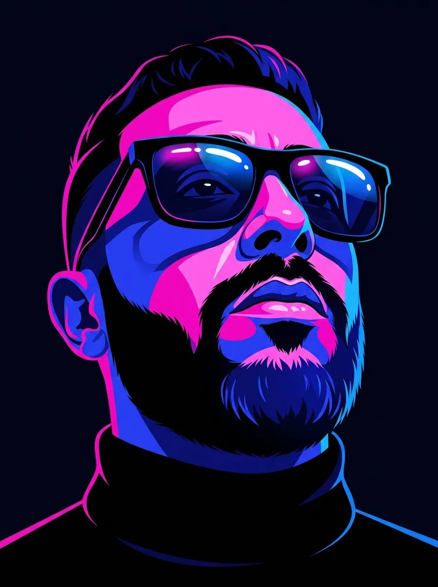 Neon Pop-Art Cyberpunk Portrait, Glossy Vector Album Cover