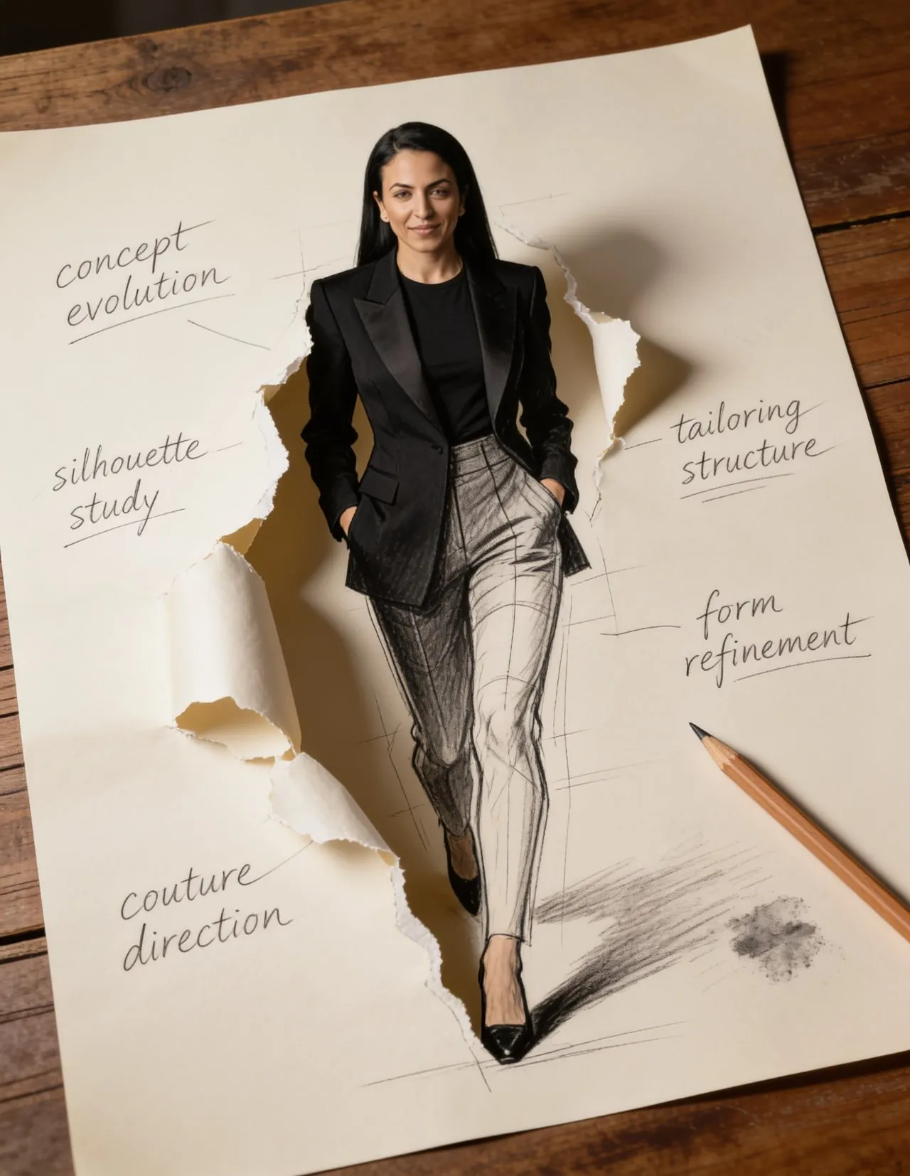 Conceptual Fashion Portrait: Model Emerging from Torn Paper, Editorial