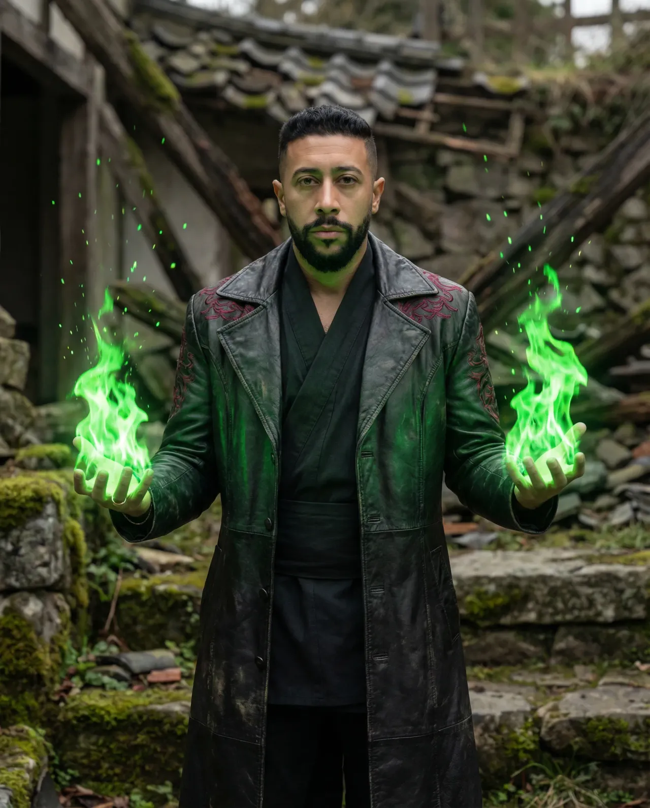 Cinematic Photoreal Portrait of Neon Sorcerer in Feudal Japanese Ruins