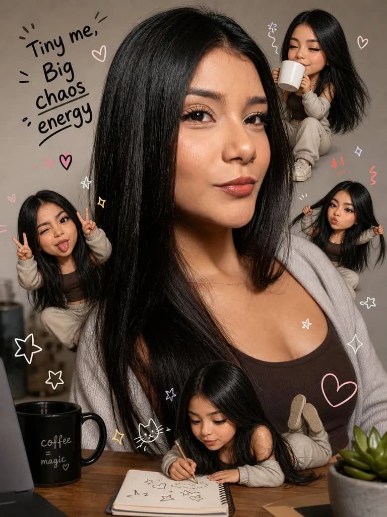 Playful Portrait with Mini Chibi Companions, Natural Light Editorial