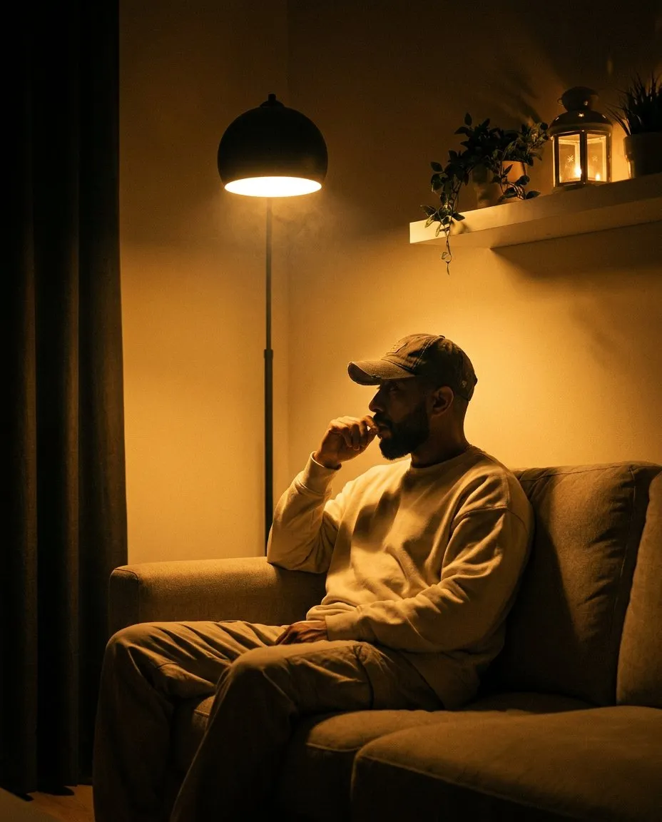 Cinematic Low-Light Indoor Portrait Photography with Warm Tungsten Mood Lighting