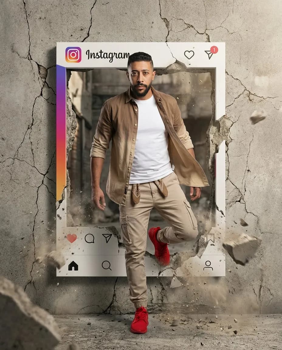 Cinematic Hyper-Real Portrait Breaking Out of Social Media Frame