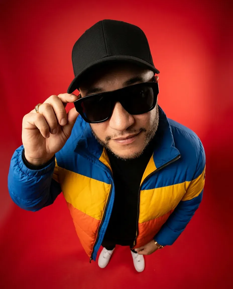 Ultra-wide Fisheye Editorial Portrait with Bold Studio Contrast