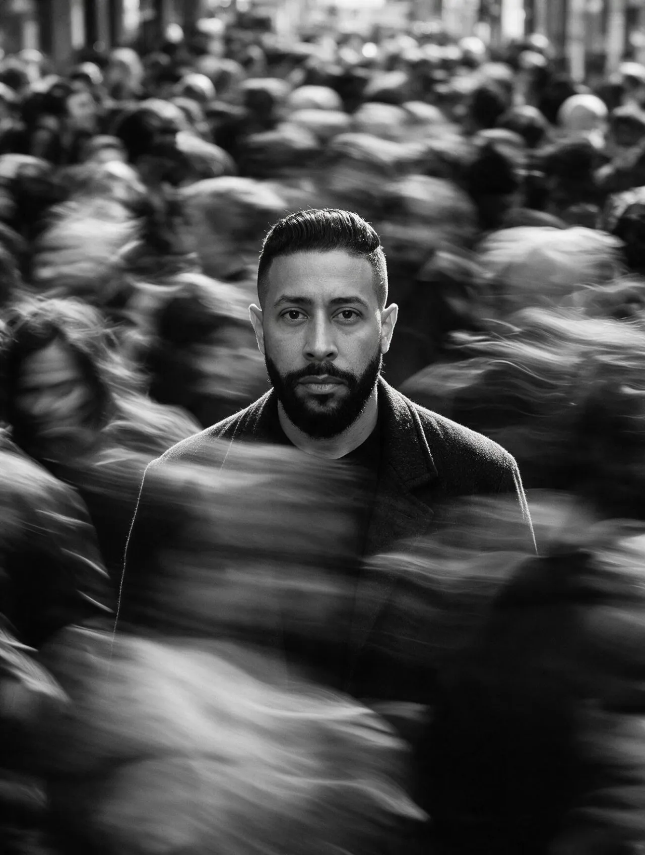 Cinematic Black-and-White Hyper-Realistic Mid-Shot Street Portrait