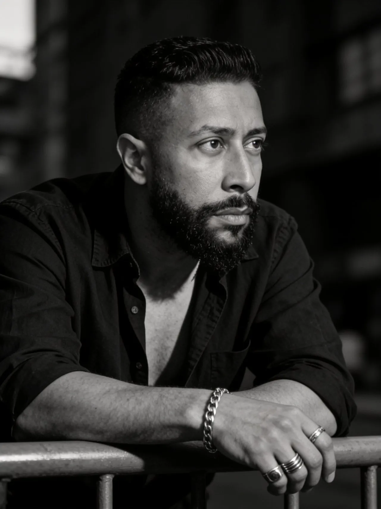 Cinematic High-Contrast Black-and-White Urban Portrait Mid-Shot