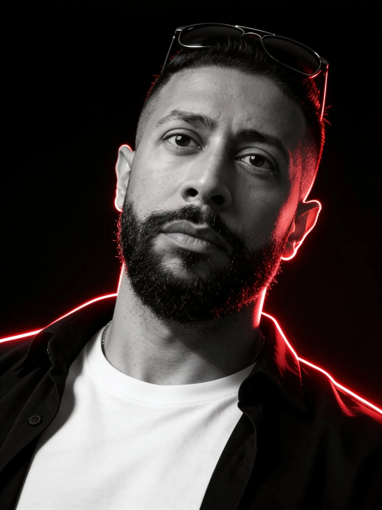 Cinematic Monochrome Portrait with Neon Red Rim Lighting