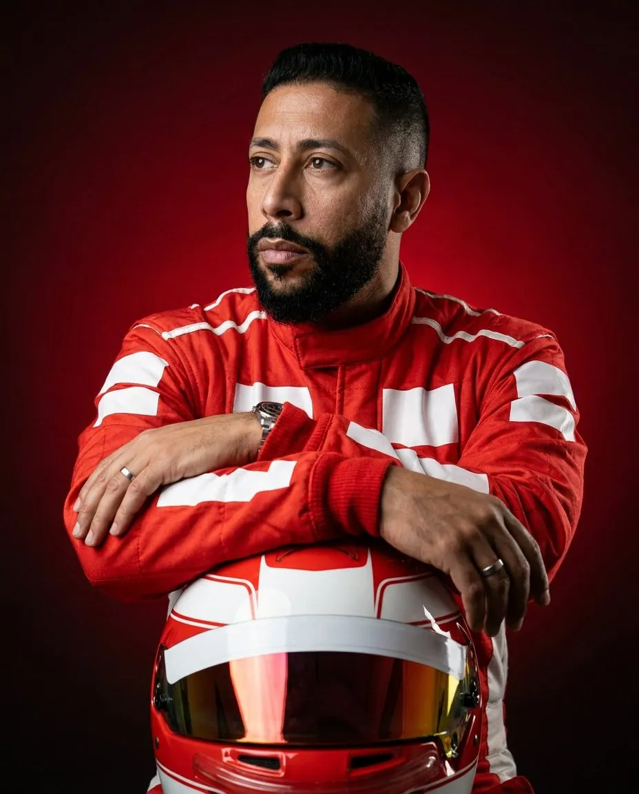 Cinematic Studio Portrait of Formula-Style Racing Driver