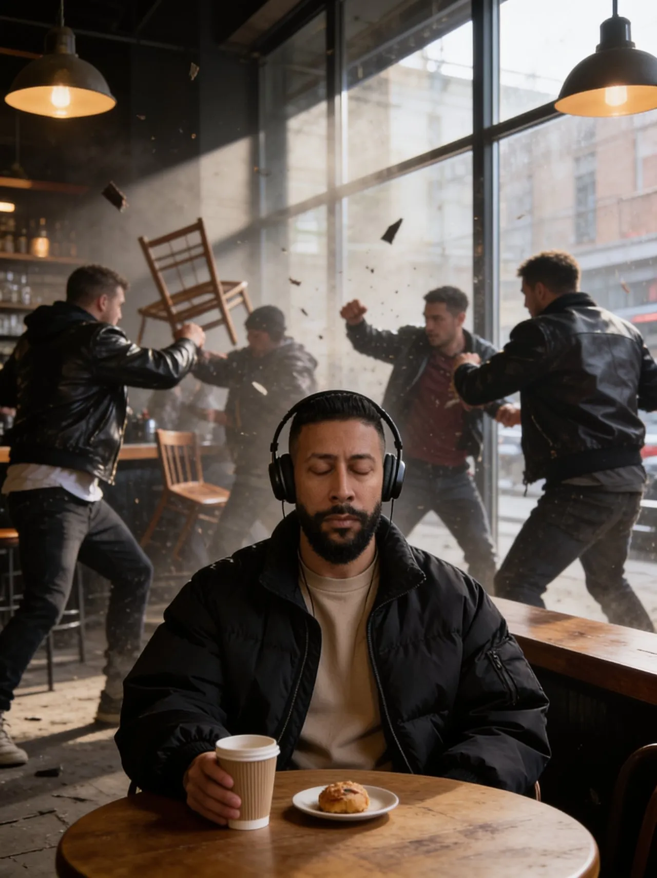 Hyper-realistic Cinematic Coffee Shop Portrait: Calm vs Chaos