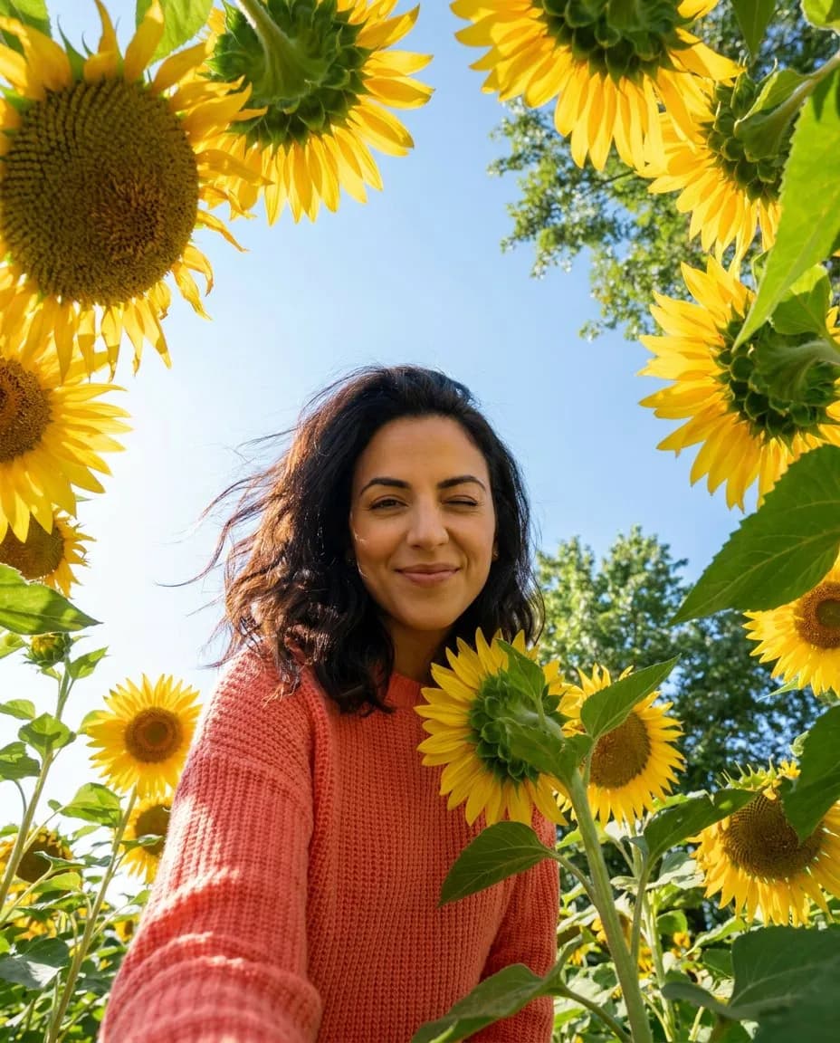 Sunflower Low-Angle Editorial Portrait, Bright Summer Photorealism