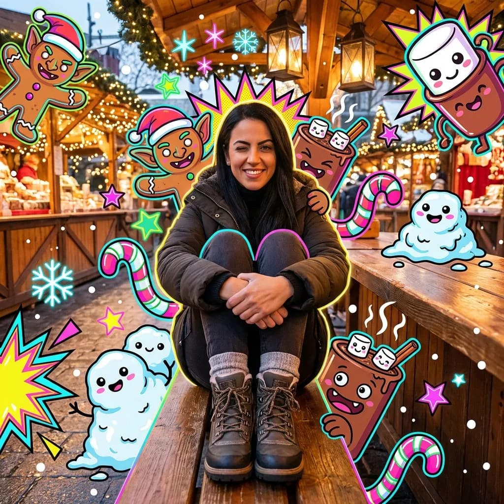 Cozy Festive Market Portrait with Neon Pop-Art Creatures - Imagem 1