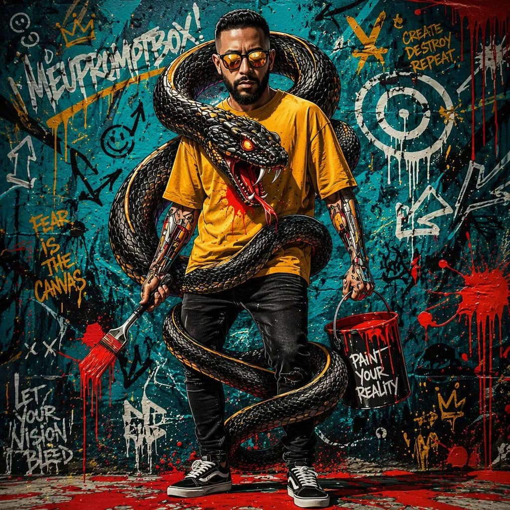 Hyperrealistic Street-Art Portrait with Serpent Graffiti