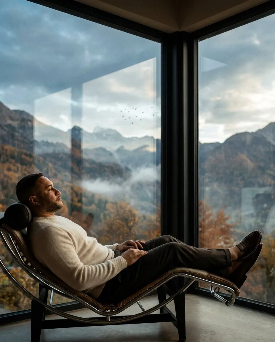 Cinematic Analog Window Portrait with Mountain Panorama