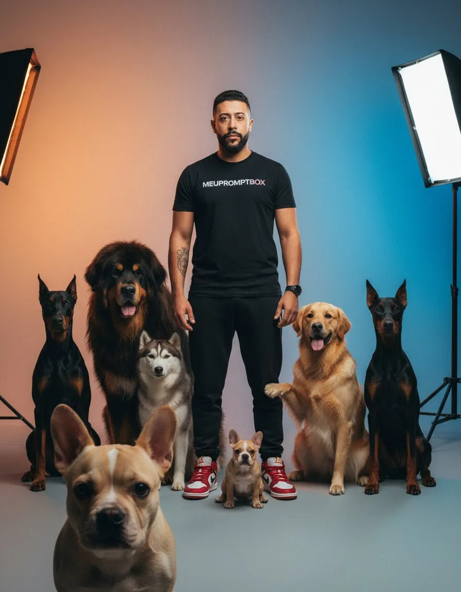 Cinematic Portrait of Confident Person Surrounded by Dogs