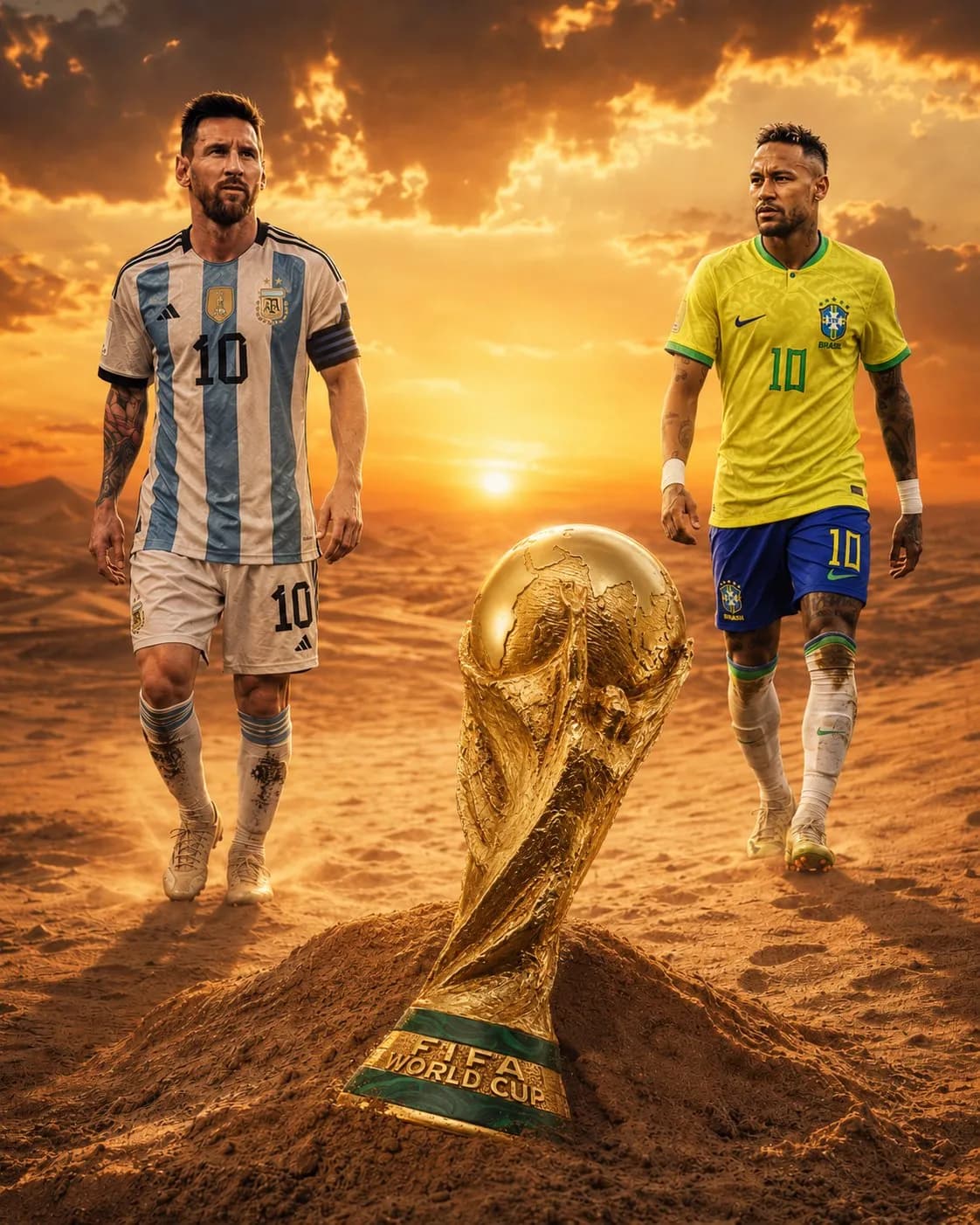 Cinematic Desert Football Final Poster with Trophy and Legends