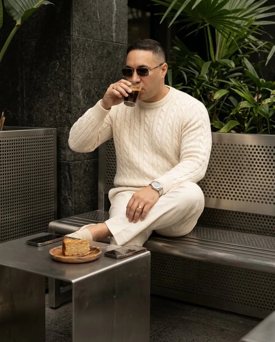 Cinematic Urban Cafe Portrait - Minimalist High-Fashion Look