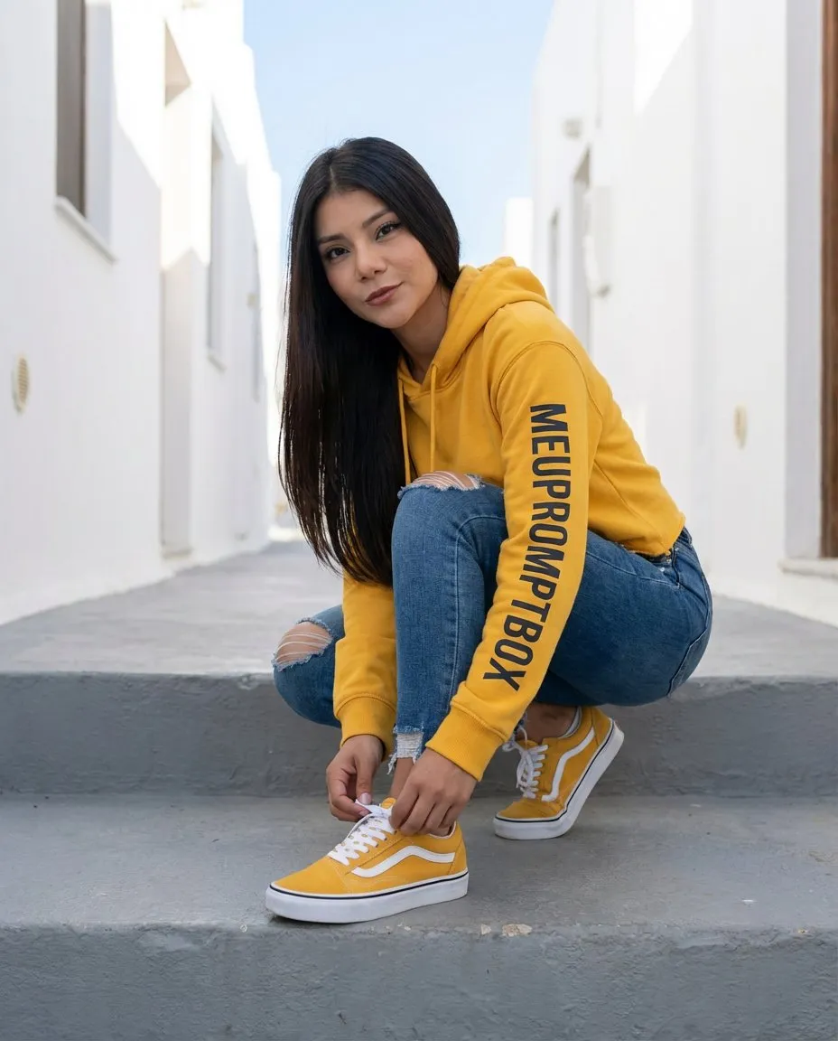 Crouching Street Portrait on Mediterranean Stairs with Clean Yellow Streetwear