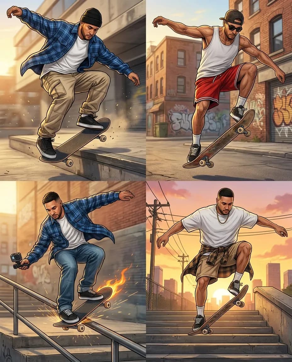 Cinematic 4-Panel Urban Skateboarding Hyperrealistic Illustration