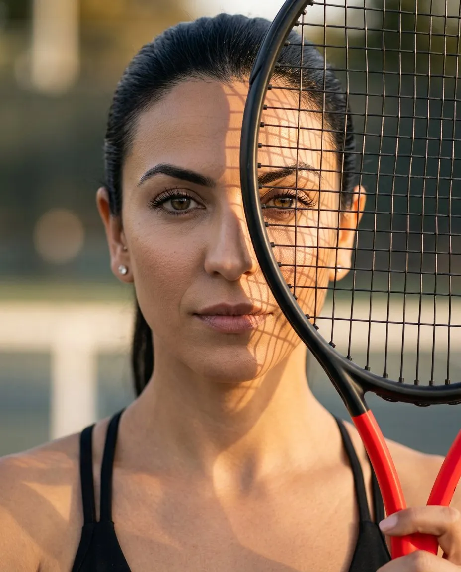 Ultra-Realistic Fashion Tennis Portrait, Golden Hour Editorial