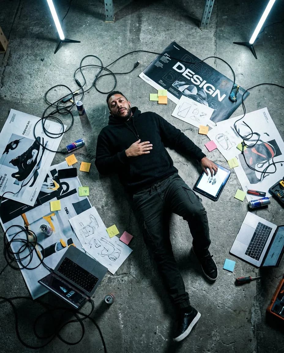 Top-Down Cinematic 35mm Workspace Portrait Photography