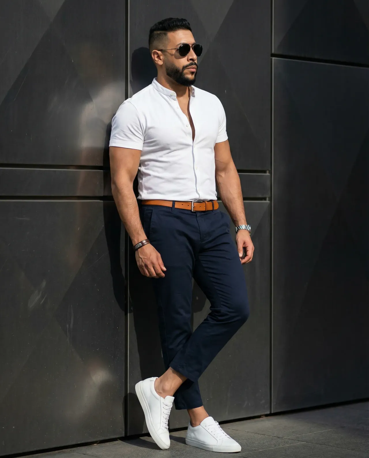 Full-Body Fashion Portrait in Urban Sunlit Smart-Casual Style