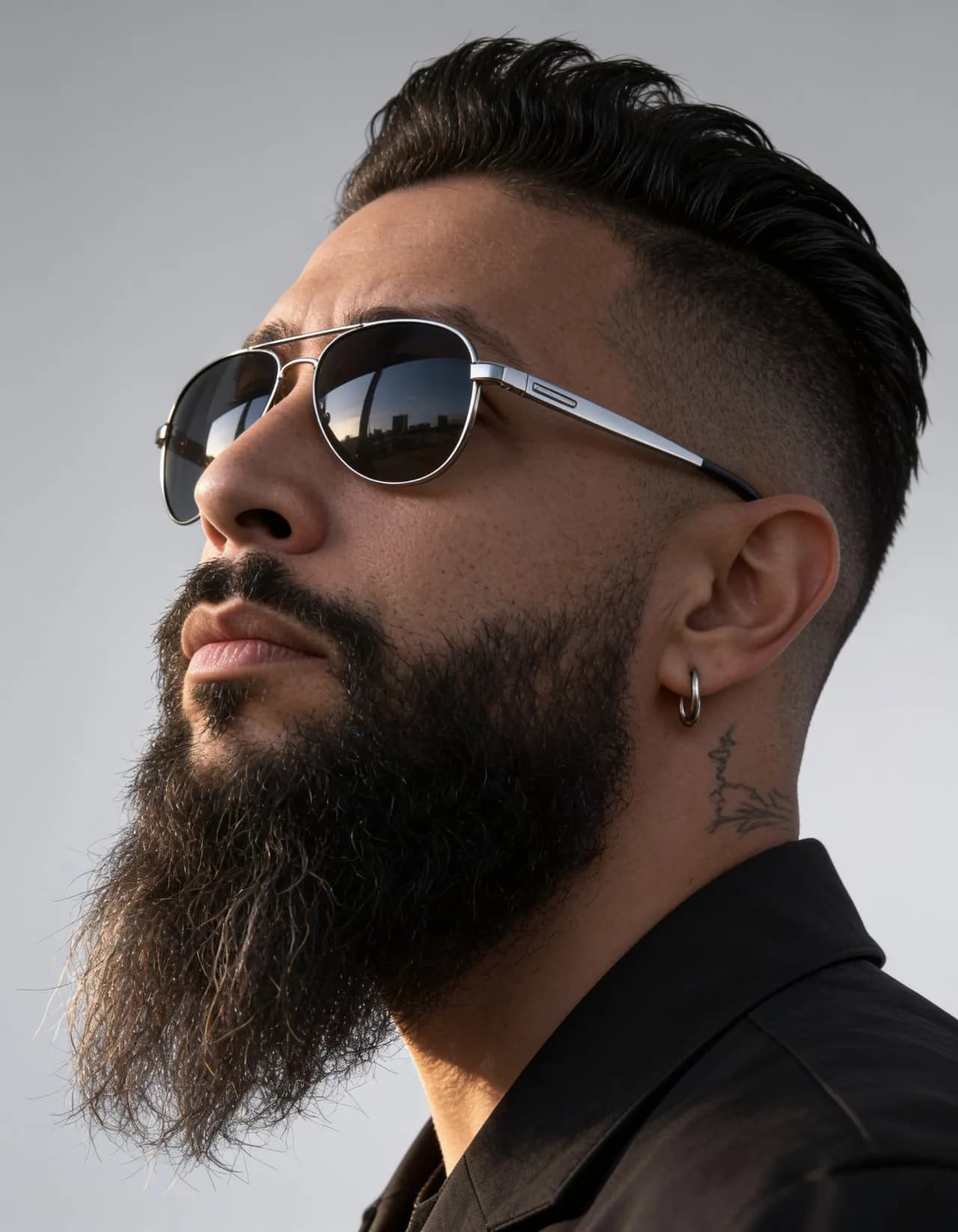 Cinematic Close-Up Portrait of Rugged Masculine Man with Silver Aviators