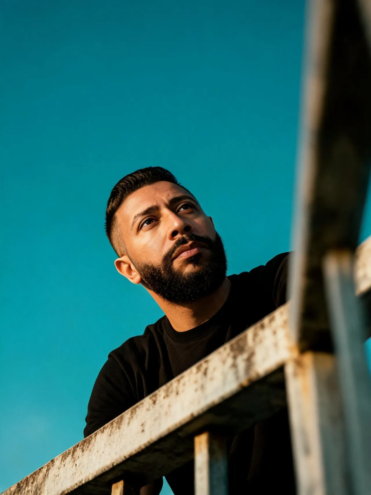 Cinematic Low-Angle Portrait with Teal-and-Orange Film Grain