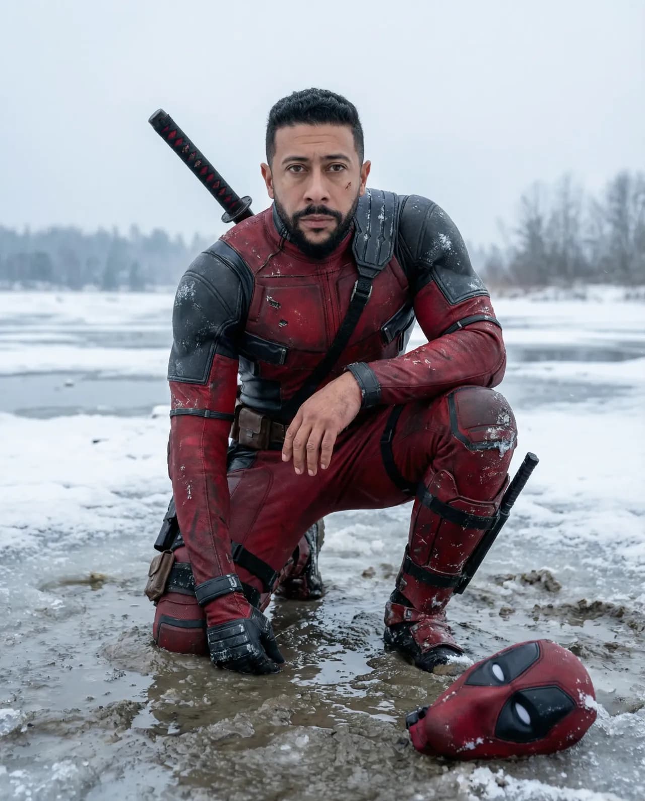 Cinematic Portrait of Tactical Bodysuit in Snowy Mudflat, Photoreal