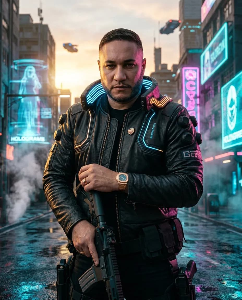 Ultra-Realistic Cyberpunk Mercenary Cinematic Low-Angle Portrait
