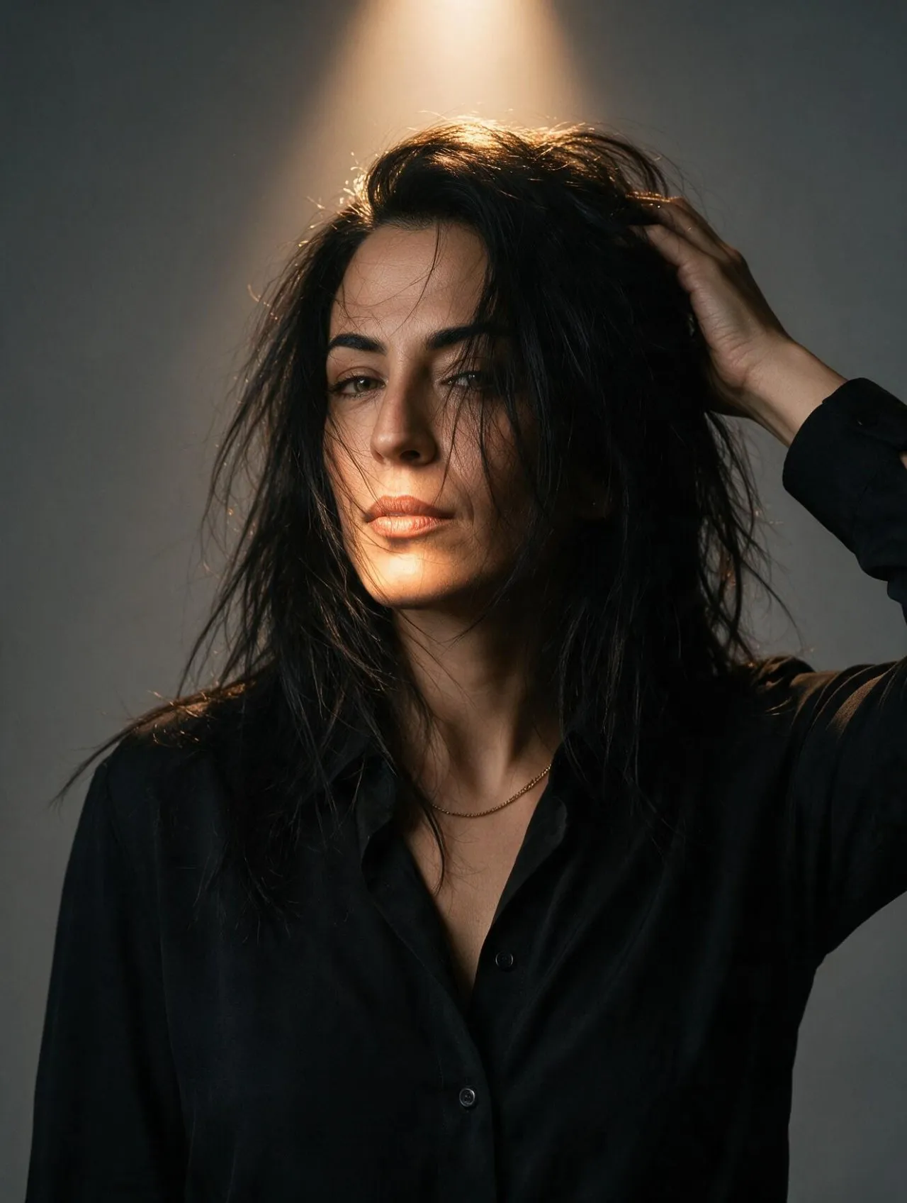 Cinematic Studio Portrait with Amber Spotlight, Fashion Editorial