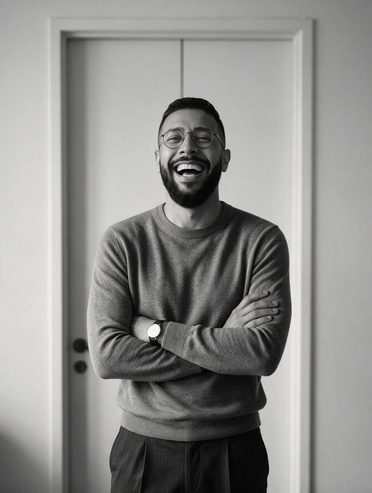 Black-and-White Authentic Studio Portrait, Joyful Laughter